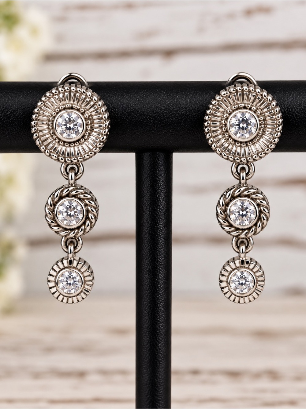 Judith Ripka Sterling Silver Diamonique Triple Drop Dangle Earrings